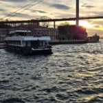 A boat glides through the water beneath a bridge, surrounded by a serene landscape.