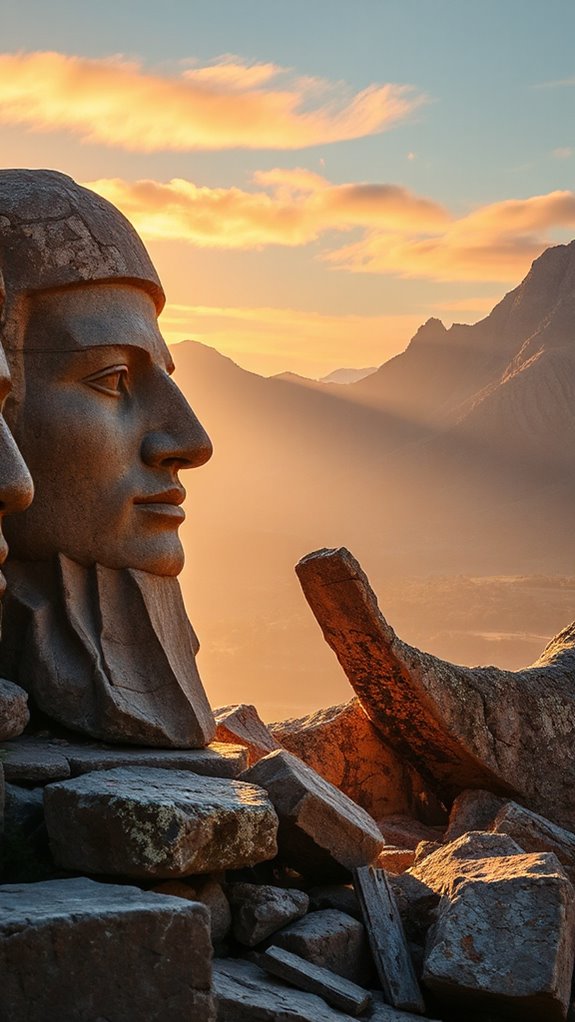 ancient statues mystical sunrise
